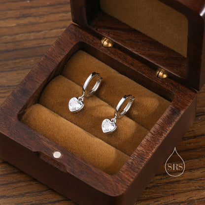 Dainty CZ Heart Huggie Hoop in Sterling Silver, Silver or Gold, 8mm Inner Diameter, Stacking Earrings, April Birthstone