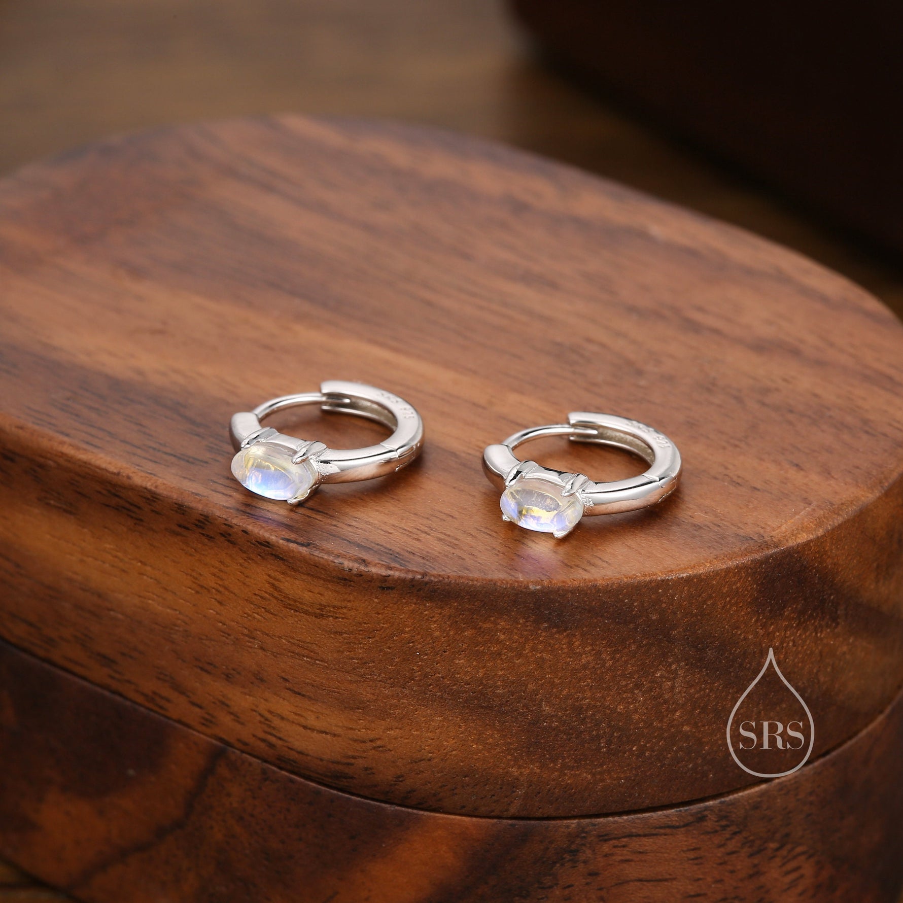 Oval Moonstone Huggie Hoop Earrings in Sterling Silver, Silver or Gold, Tiny Moonstone Hoops, Moonstone Hoops, Simulated Moonstone Hoops