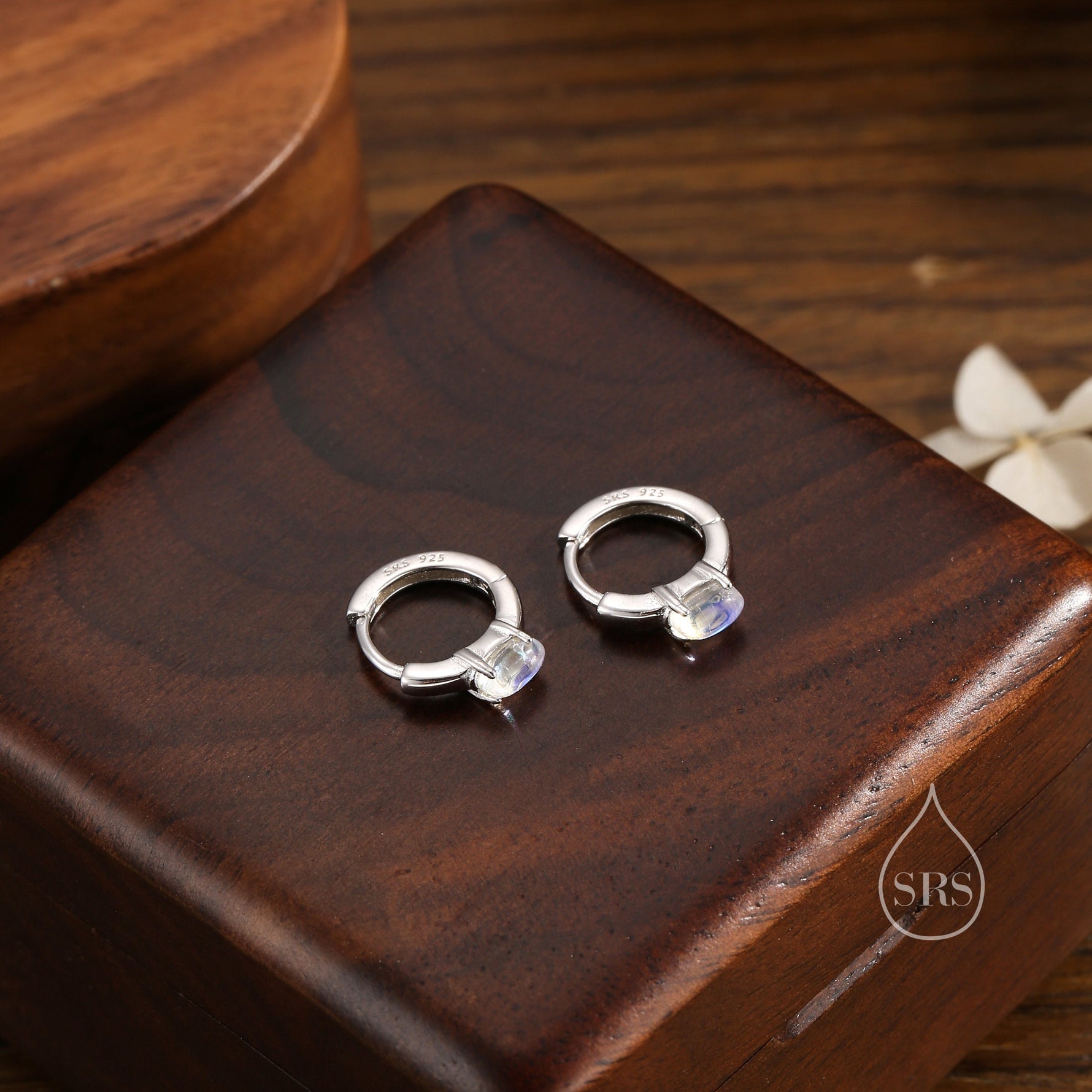 Oval Moonstone Huggie Hoop Earrings in Sterling Silver, Silver or Gold, Tiny Moonstone Hoops, Moonstone Hoops, Simulated Moonstone Hoops