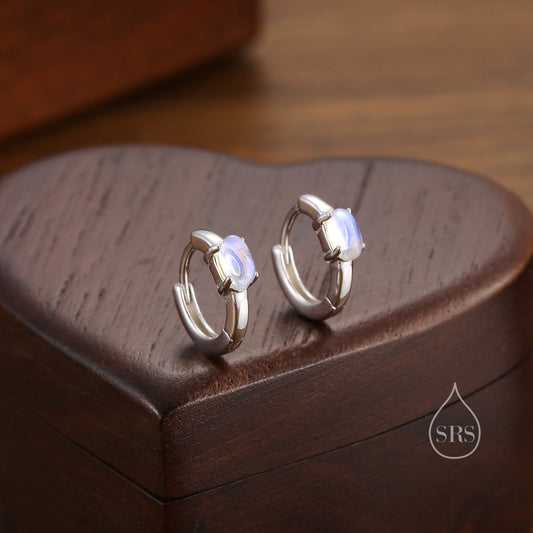 Oval Moonstone Huggie Hoop Earrings in Sterling Silver, Silver or Gold, Tiny Moonstone Hoops, Moonstone Hoops, Simulated Moonstone Hoops