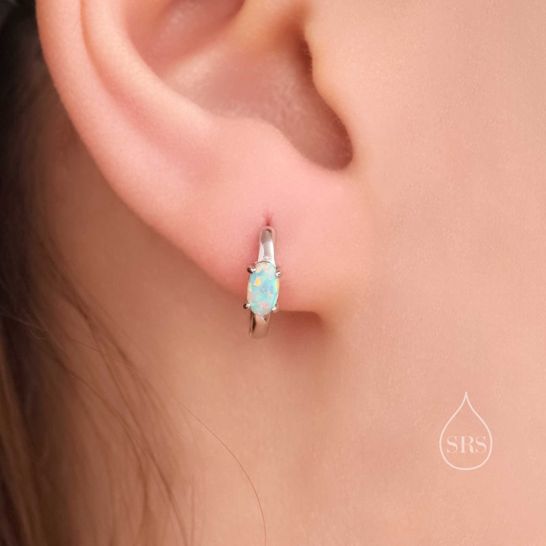 Oval White Opal Huggie Hoop Earrings in Sterling Silver, Silver or Gold, Opal Lever Hoops, Opal Hoops, Simulated Opal Hoops