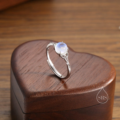 Sterling Silver Celtic Knot Ring with Simulated Moonstone, Adjustable Size, Celestial Jewellery, Dainty and Delicate, Moon Ring