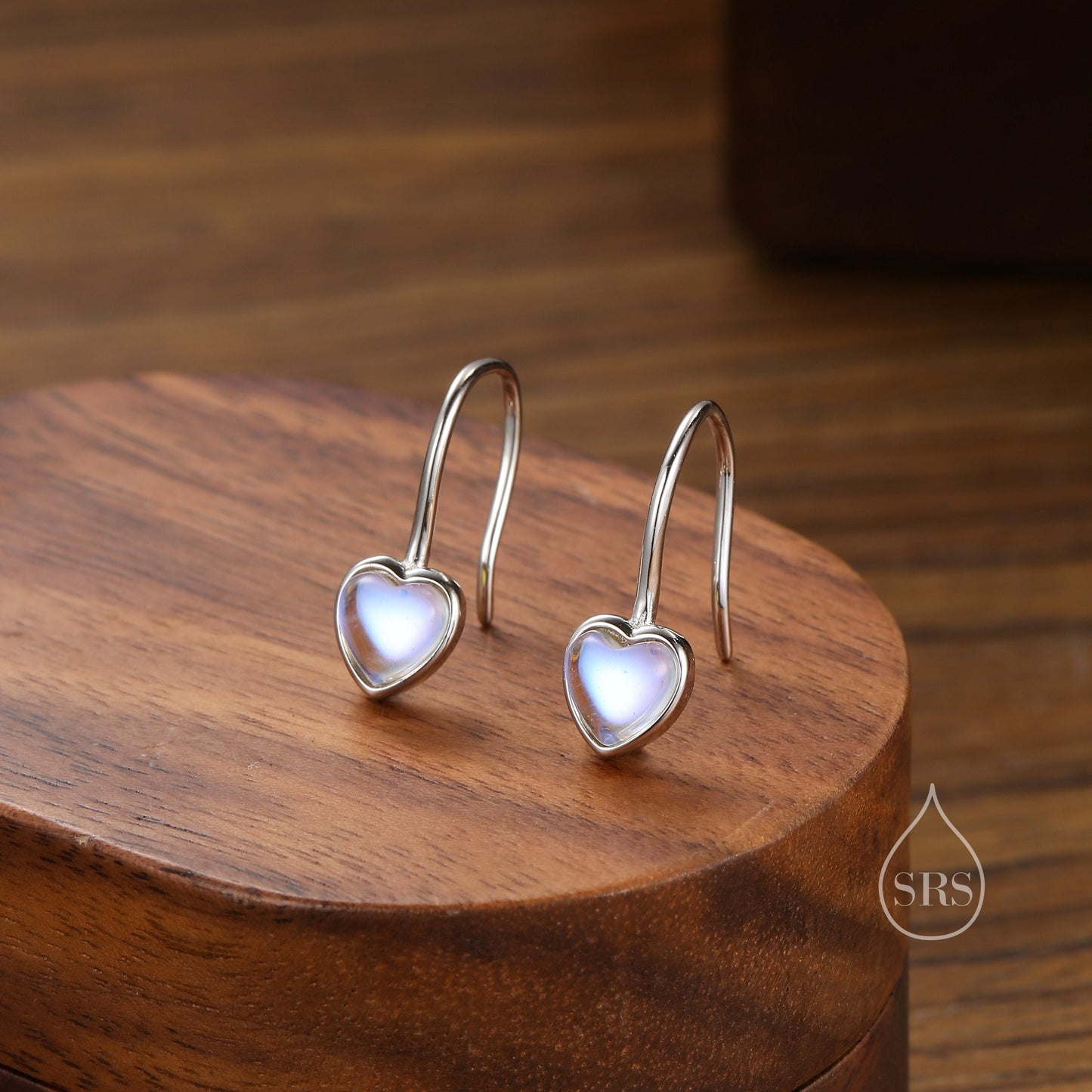 Moonstone Heart Drop Hook Earrings in Sterling Silver, Delicate Heart Earrings, Moonstone Heart Earrings