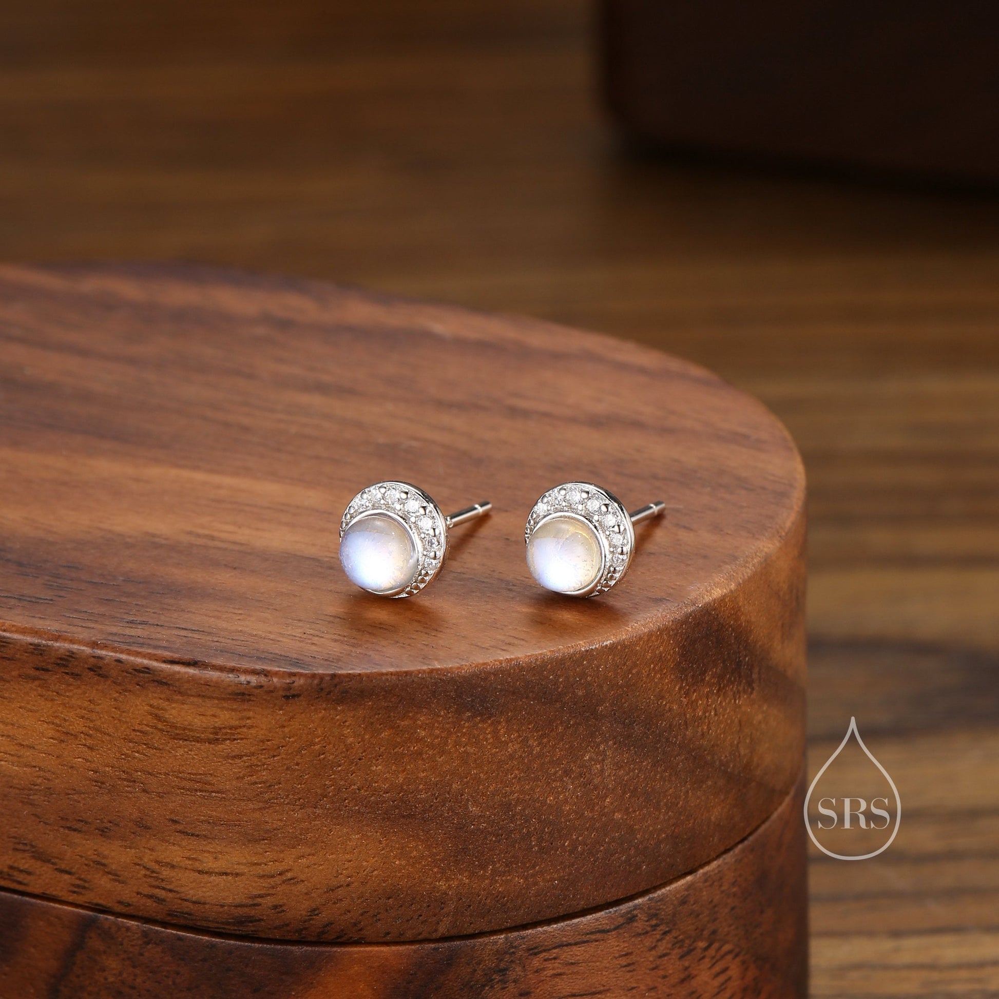 Moon Phase Moonstone Stud Earrings in Sterling Silver, Silver or Gold or Rose Gold, Delicate Moon Earrings, Moonstone Earrings, Celestial