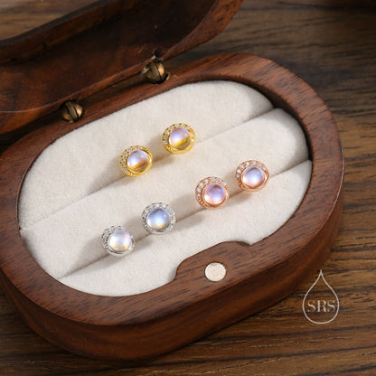 Moon Phase Moonstone Stud Earrings in Sterling Silver, Silver or Gold or Rose Gold, Delicate Moon Earrings, Moonstone Earrings, Celestial