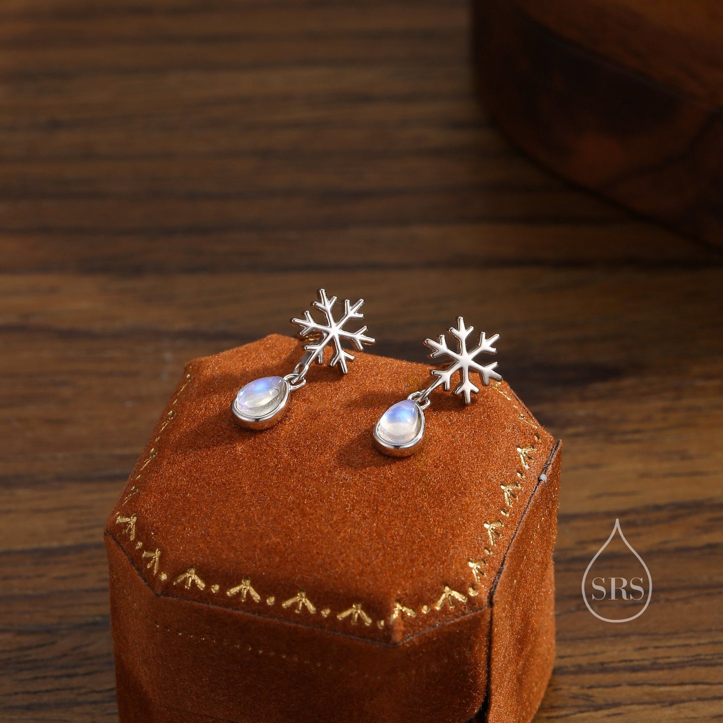 Snowflake and Moonstone Stud Earrings in Sterling Silver, Snow Earrings, Moonstone Droplet Earrings