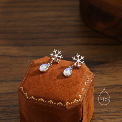 Snowflake and Moonstone Stud Earrings in Sterling Silver, Snow Earrings, Moonstone Droplet Earrings