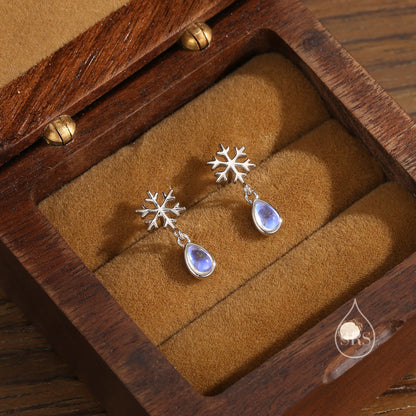 Snowflake and Moonstone Stud Earrings in Sterling Silver, Snow Earrings, Moonstone Droplet Earrings