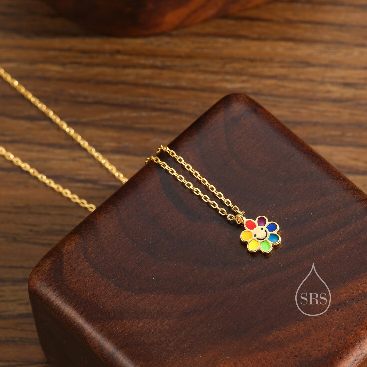 Enamel Smiling Flower Pendant Necklace in Sterling Silver, Silver Rainbow Flower Necklace, Tiny Multi Colour Flower Necklace