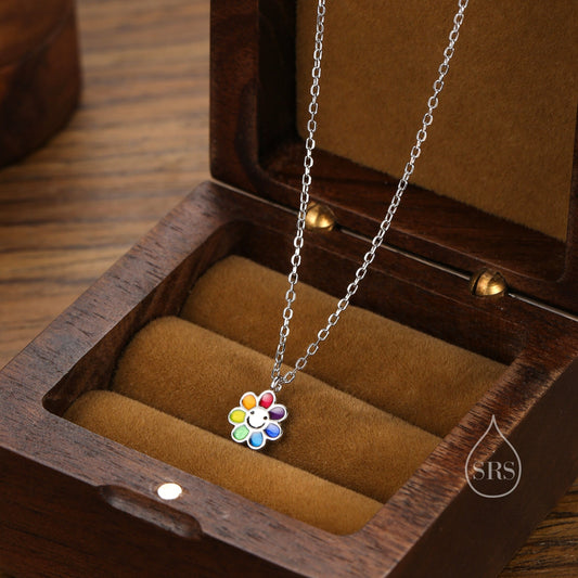 Enamel Smiling Flower Pendant Necklace in Sterling Silver, Silver Rainbow Flower Necklace, Tiny Multi Colour Flower Necklace