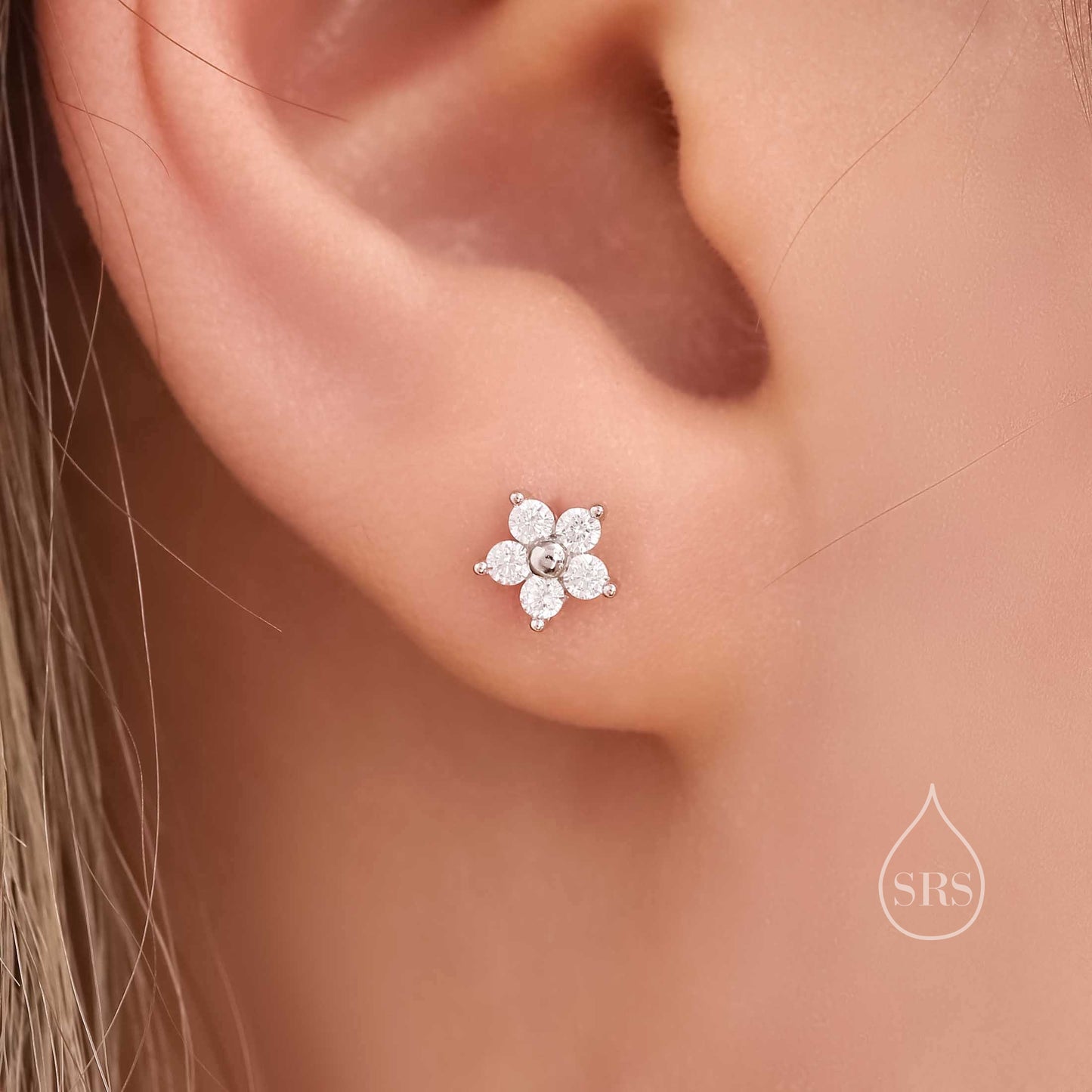 Internally Threaded Asymmetric Forget Me Not Flower Bouquet Flat Back Earrings in Sterling Silver, Silver, Gold or Rose Gold,