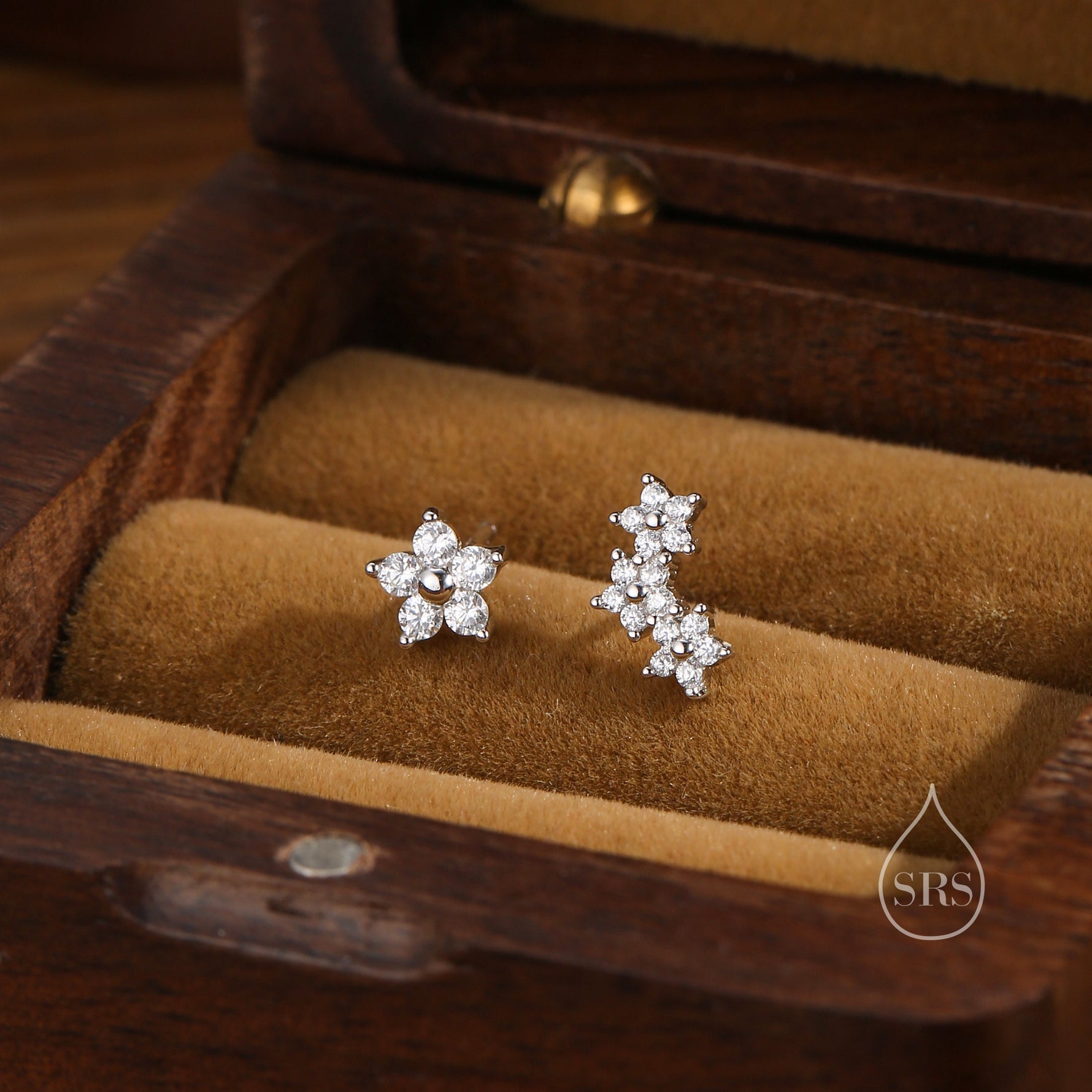 Asymmetric Forget Me Not Flower Bouquet CZ Stud Earrings in Sterling Silver, Silver, Gold or Rose Gold, Mismatched CZ Flower Stud Earrings