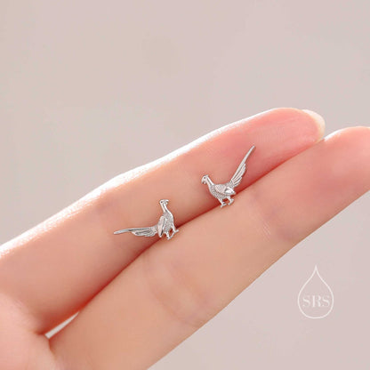 Sterling Silver Tiny Pheasant Bird Stud Earrings Earrings, Silver or Gold or Rose Gold, Pheasant Earrings in Sterling Silver