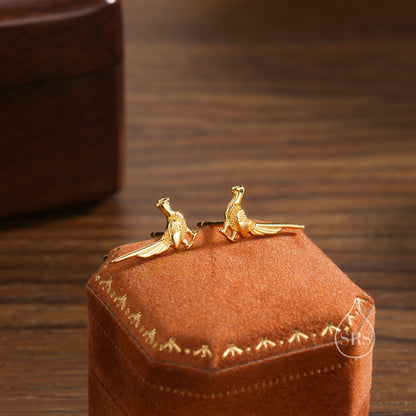 Sterling Silver Tiny Pheasant Bird Stud Earrings Earrings, Silver or Gold or Rose Gold, Pheasant Earrings in Sterling Silver
