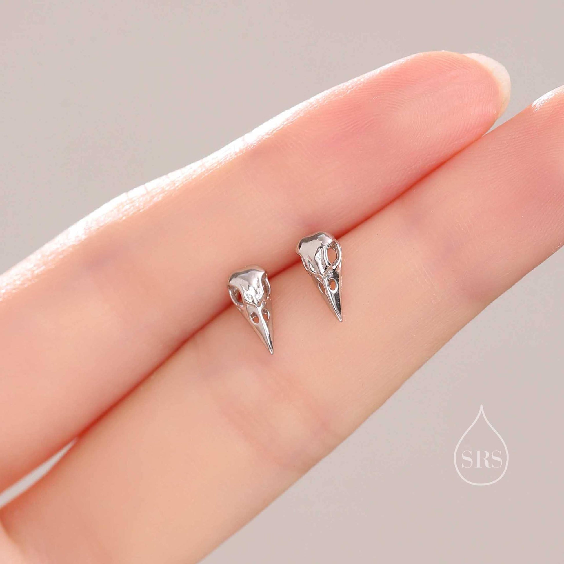 Sterling Silver Bird Skull Screw Back / Stud Earrings, Silver, Gold or Rose Gold, Bird Skeleton Earrings in Sterling Silver