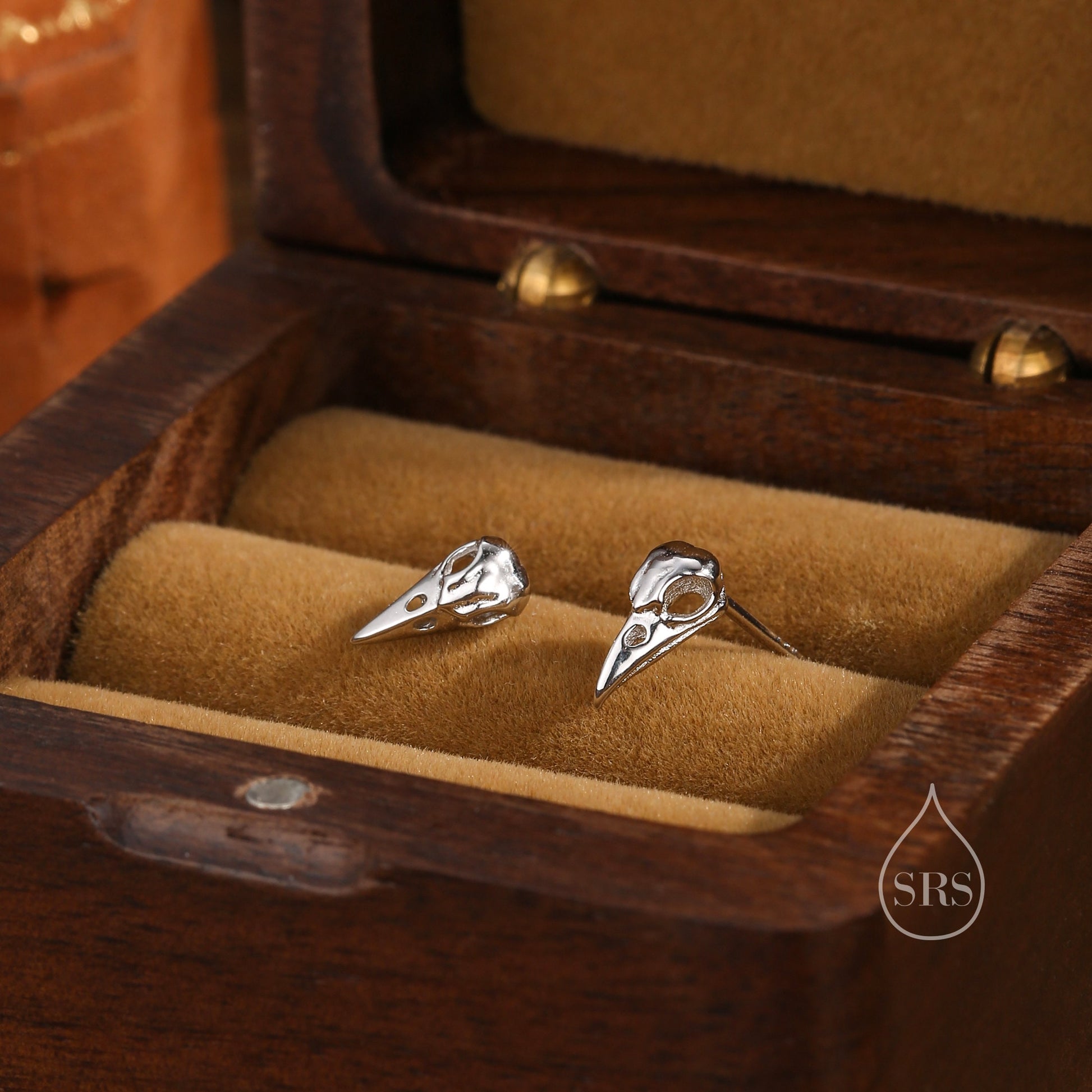 Sterling Silver Bird Skull Screw Back / Stud Earrings, Silver, Gold or Rose Gold, Bird Skeleton Earrings in Sterling Silver