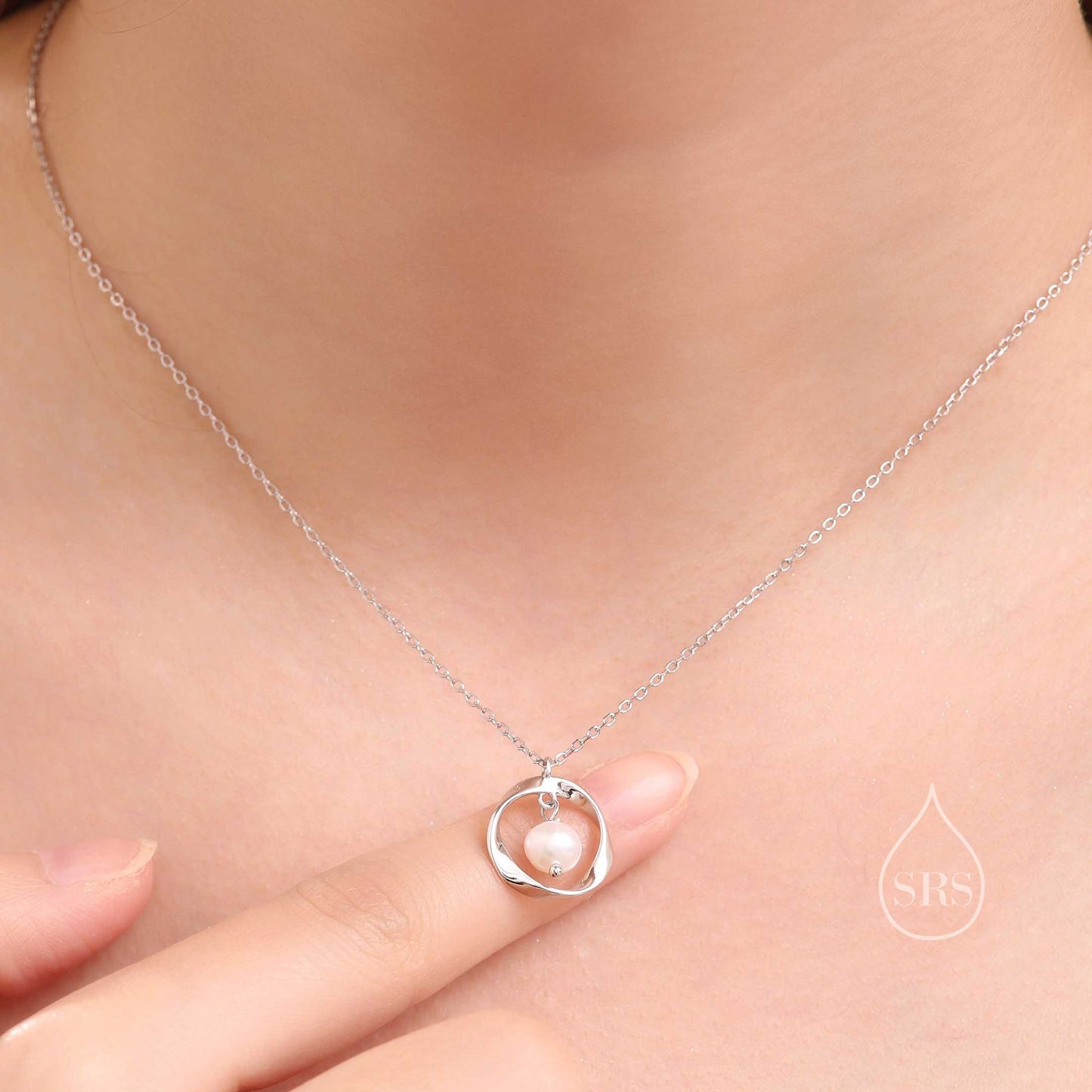 Genuine Freshwater Pearl and Mobius Circle Pendant Necklace in Sterling Silver, Silver or Gold,  Delicate Keshi Pearl Halo