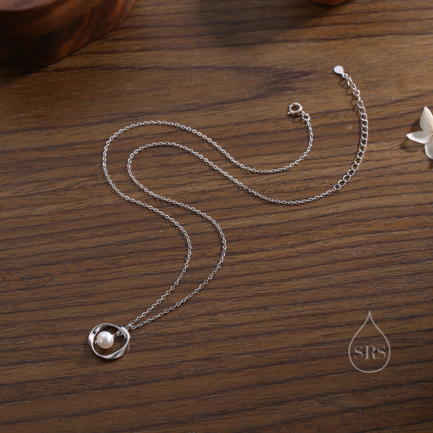 Genuine Freshwater Pearl and Mobius Circle Pendant Necklace in Sterling Silver, Silver or Gold,  Delicate Keshi Pearl Halo