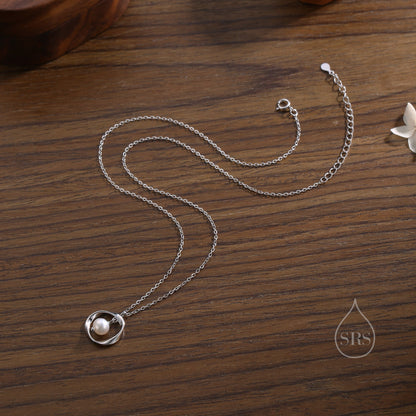 Genuine Freshwater Pearl and Mobius Circle Pendant Necklace in Sterling Silver, Silver or Gold,  Delicate Keshi Pearl Halo