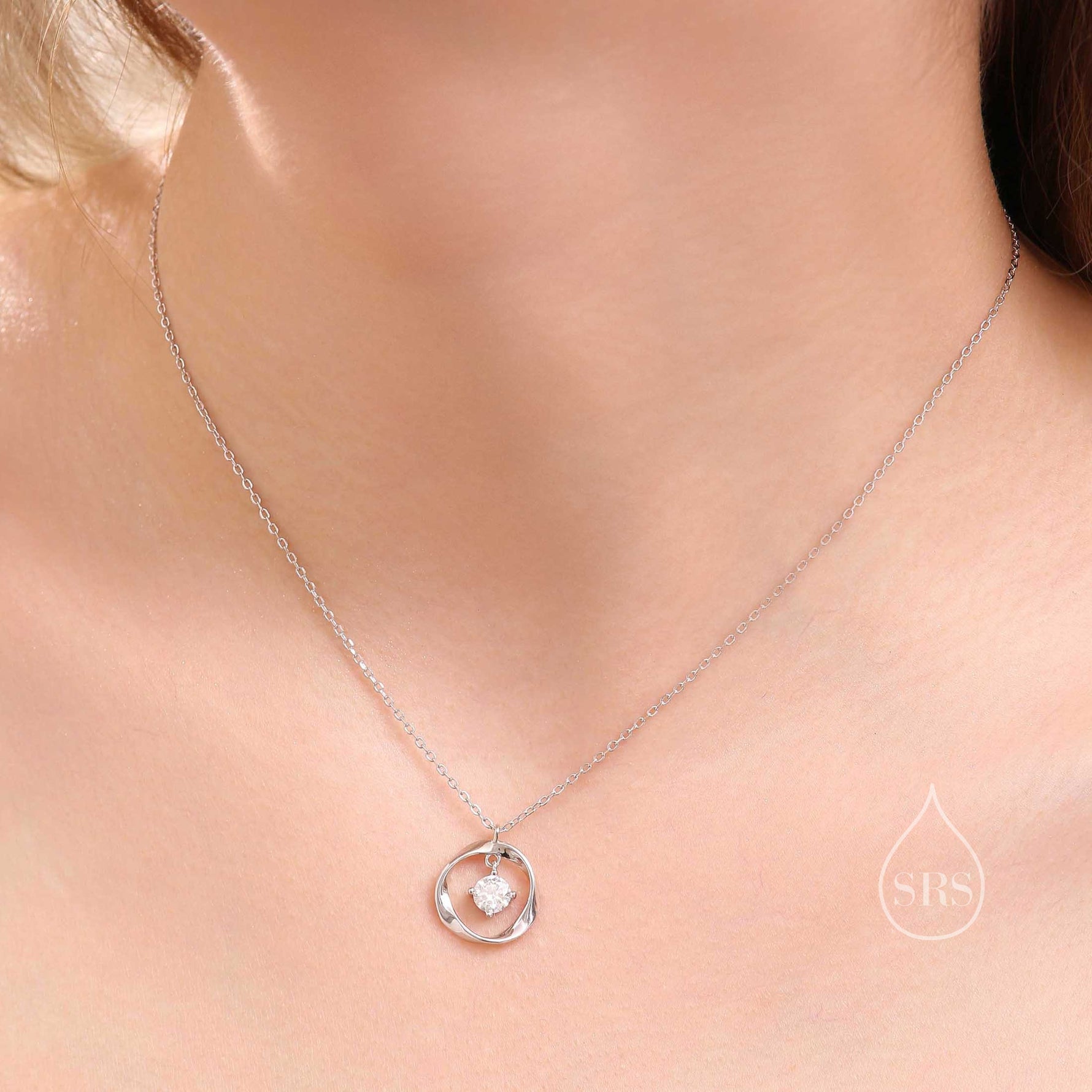 Genuine Moissanite and Mobius Circle Pendant Necklace in Sterling Silver, Delicate Moissanite Halo