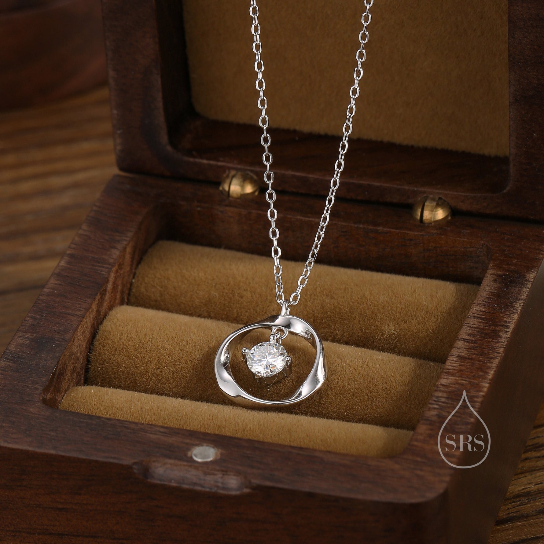 Genuine Moissanite and Mobius Circle Pendant Necklace in Sterling Silver, Delicate Moissanite Halo