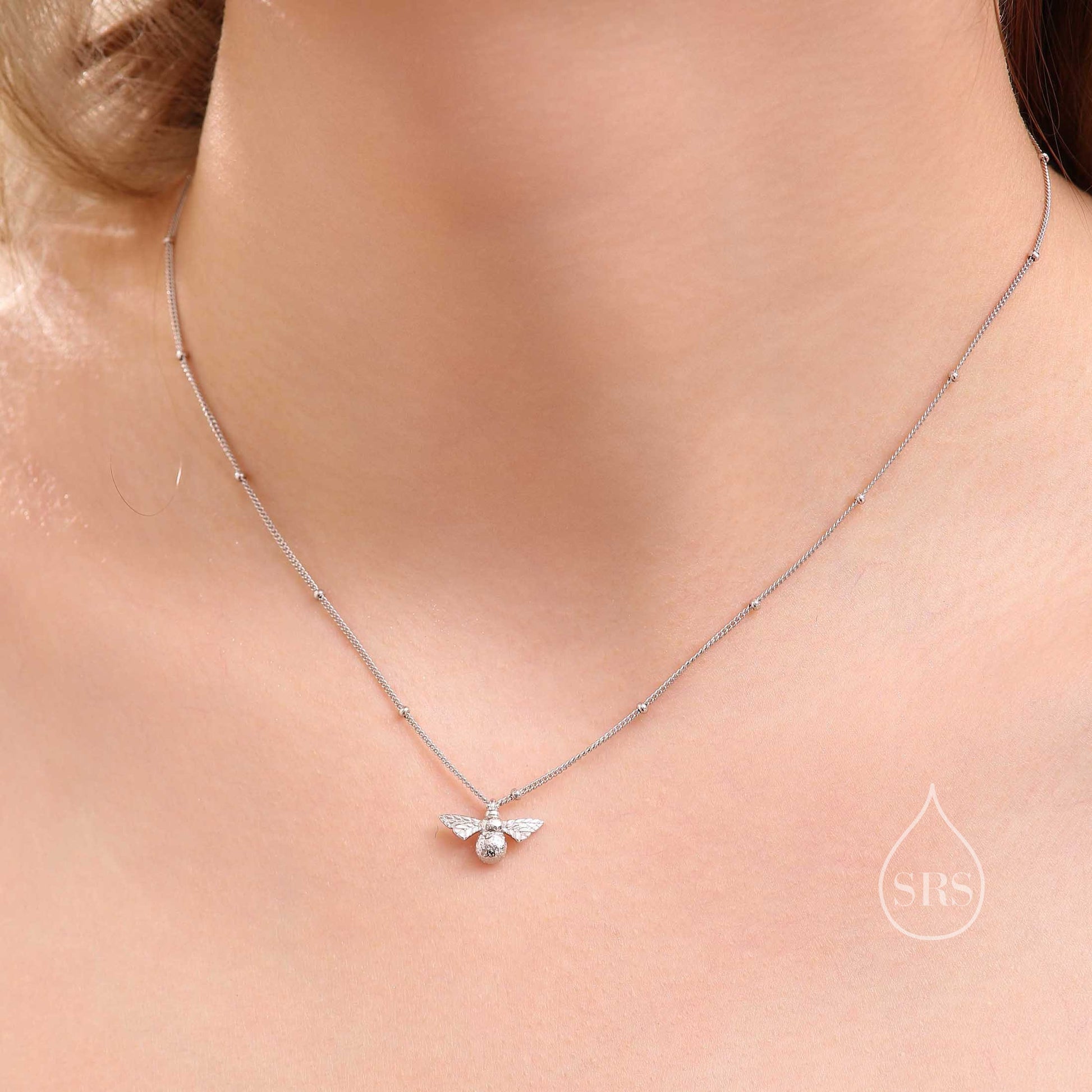 Tiny Bumble Bee Pendant Necklace in Sterling Silver, Silver or Gold, Beaded Chain Bee Necklace, Satellite Chain, Nature Inspired
