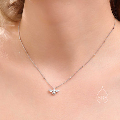 Tiny Bumble Bee Pendant Necklace in Sterling Silver, Silver or Gold, Beaded Chain Bee Necklace, Satellite Chain, Nature Inspired