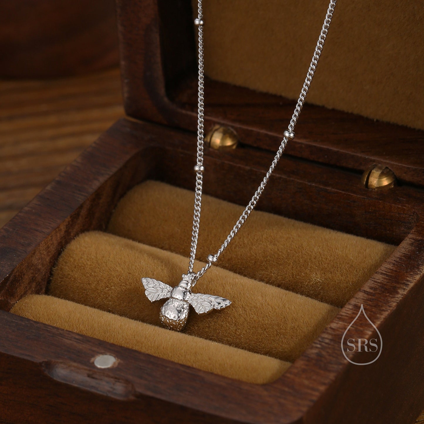 Tiny Bumble Bee Pendant Necklace in Sterling Silver, Silver or Gold, Beaded Chain Bee Necklace, Satellite Chain, Nature Inspired