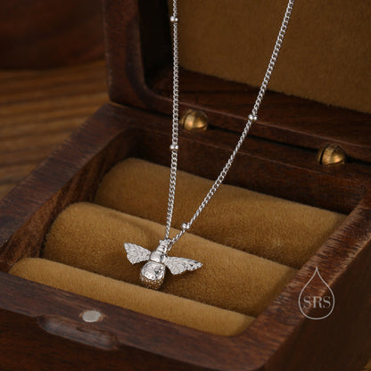 Tiny Bumble Bee Pendant Necklace in Sterling Silver, Silver or Gold, Beaded Chain Bee Necklace, Satellite Chain, Nature Inspired