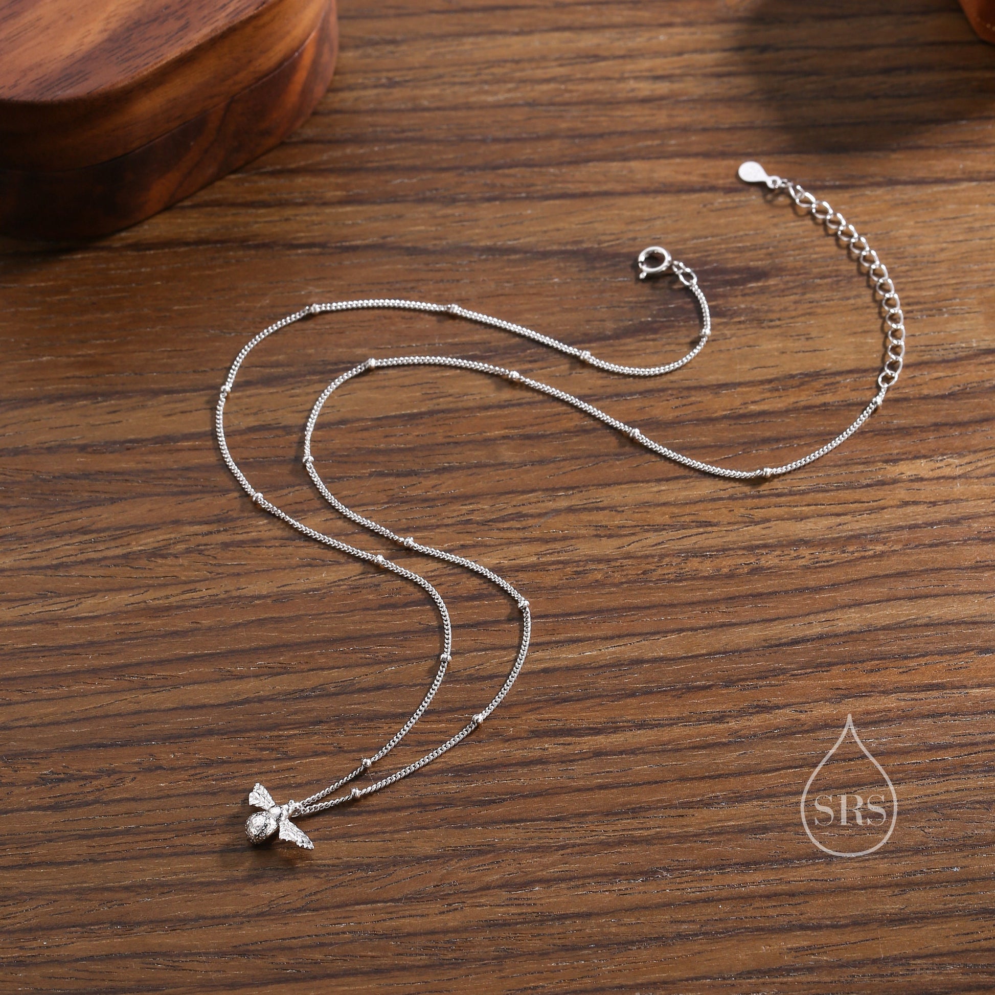 Tiny Bumble Bee Pendant Necklace in Sterling Silver, Silver or Gold, Beaded Chain Bee Necklace, Satellite Chain, Nature Inspired