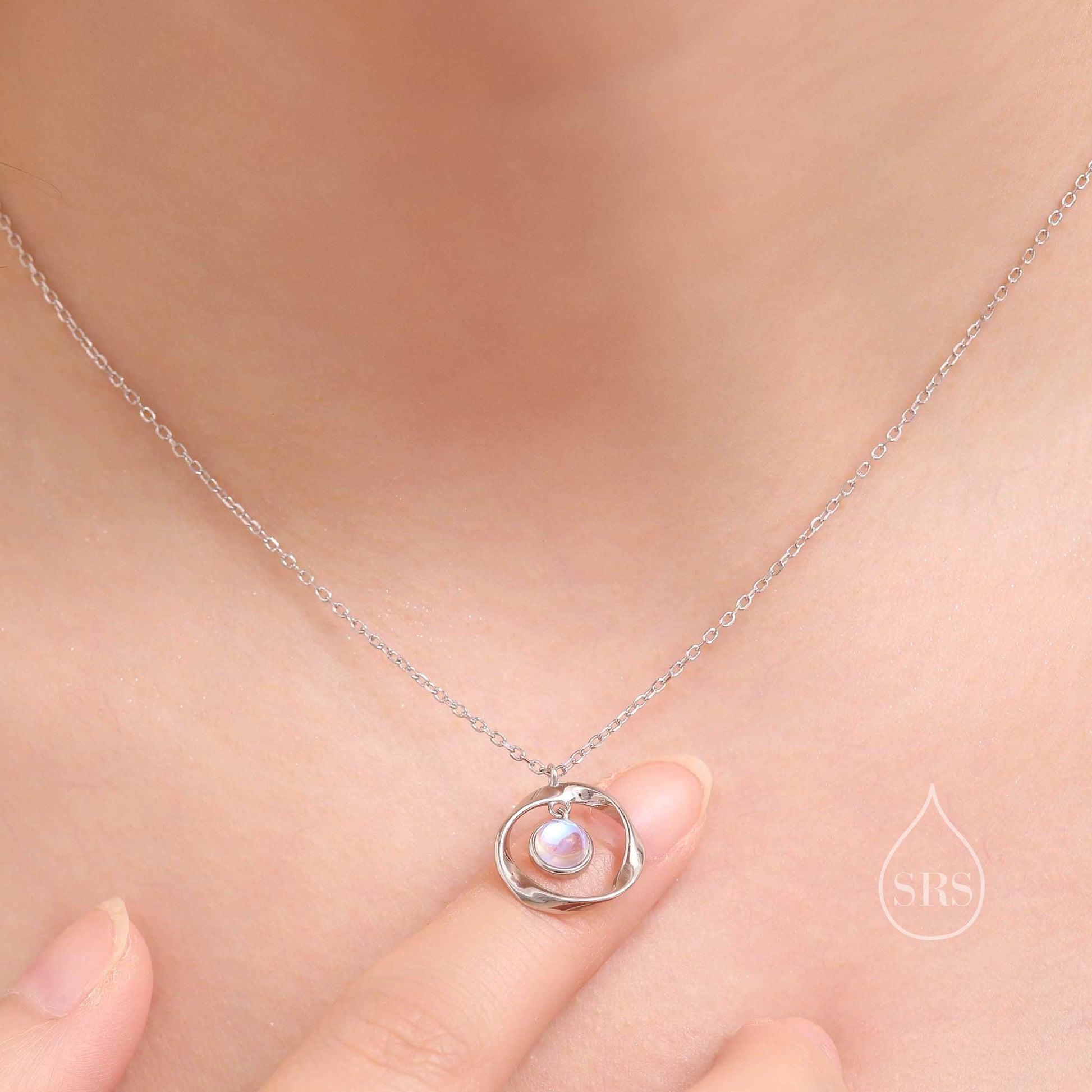 Moonstone and Mobius Circle Pendant Necklace in Sterling Silver, Silver or Gold, Mobius Strip Necklace with Simulated Moonstone