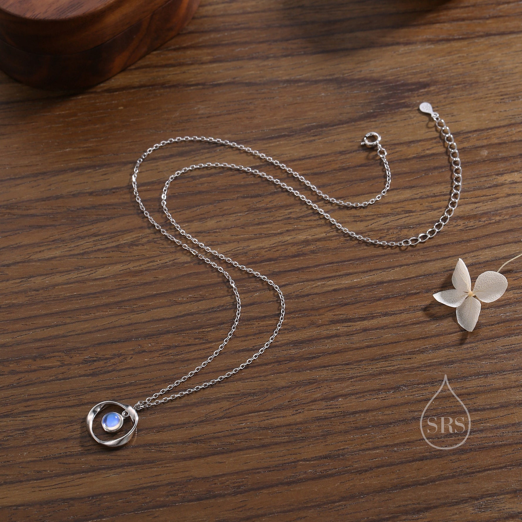 Moonstone and Mobius Circle Pendant Necklace in Sterling Silver, Silver or Gold, Mobius Strip Necklace with Simulated Moonstone