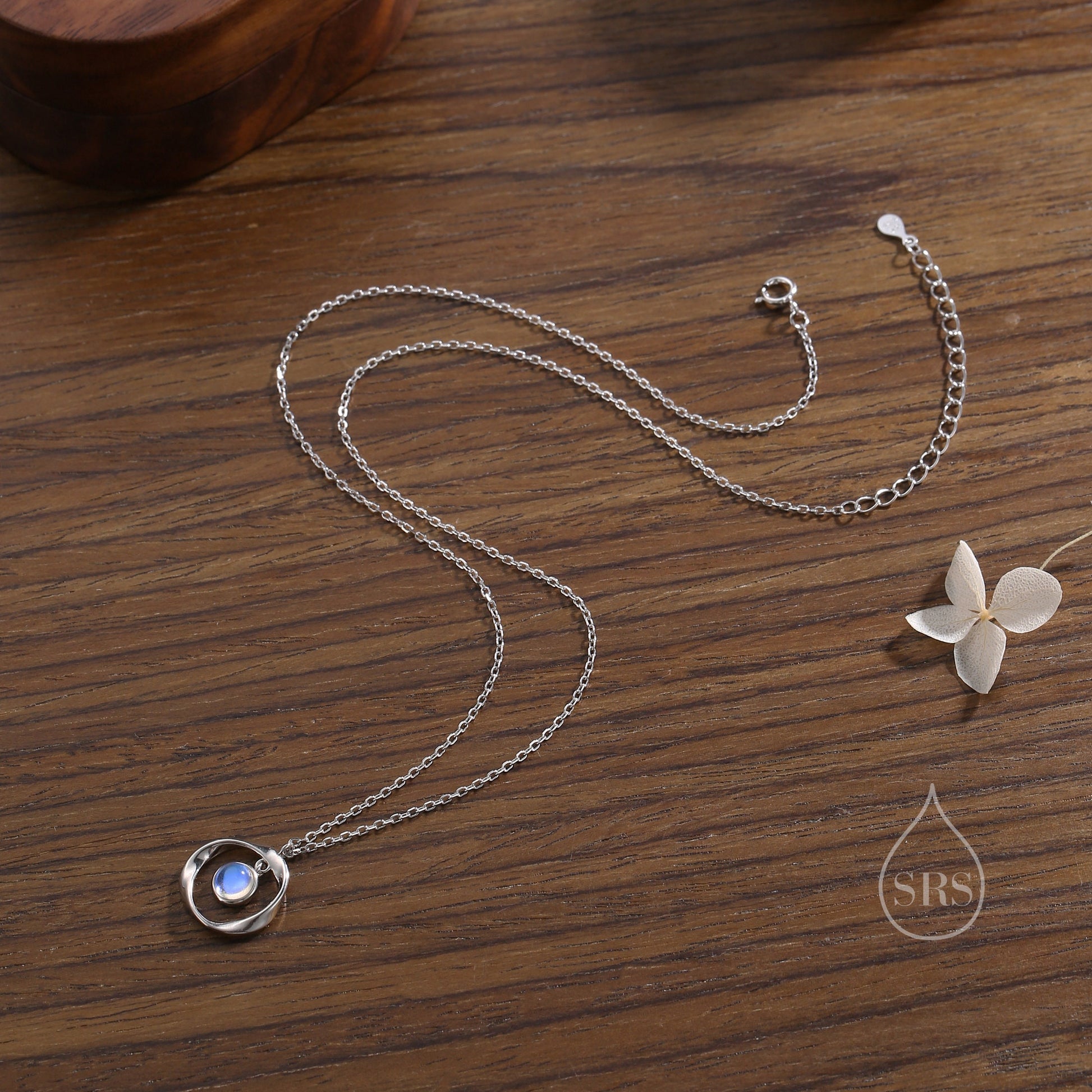 Moonstone and Mobius Circle Pendant Necklace in Sterling Silver, Silver or Gold, Mobius Strip Necklace with Simulated Moonstone