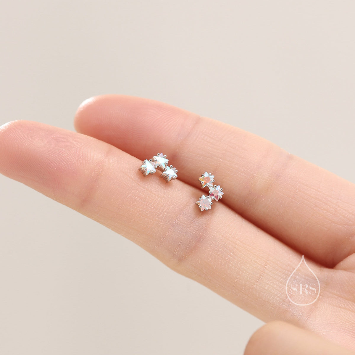 Tiny Star Aurora AB CZ Trio Stud Earrings in Sterling Silver, Silver, Gold or Rose Gold, Three Star Earrings, Sunburst Earrings, Celestial