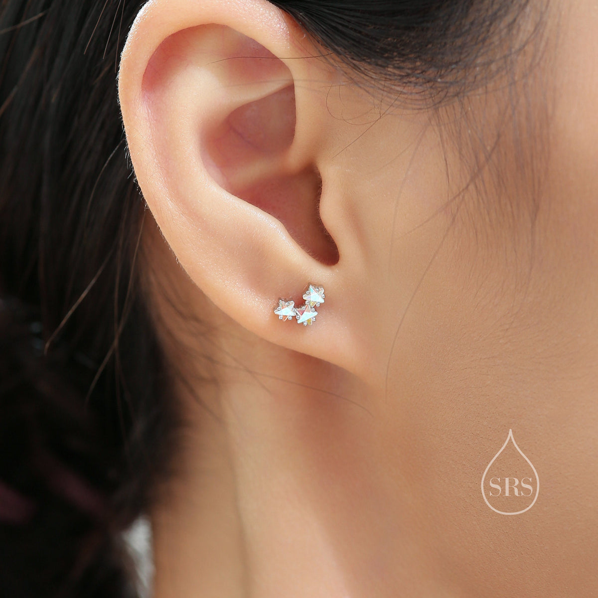 Tiny Star Aurora AB CZ Trio Stud Earrings in Sterling Silver, Silver, Gold or Rose Gold, Three Star Earrings, Sunburst Earrings, Celestial