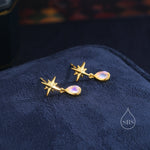 Tiny Starburst and Dangle Moonstone Stud Earrings in Sterling Silver, Silver, Gold or Rose Gold, Star Earrings, Sunburst Earrings, Celestial