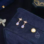 Tiny Starburst and Dangle Moonstone Stud Earrings in Sterling Silver, Silver, Gold or Rose Gold, Star Earrings, Sunburst Earrings, Celestial