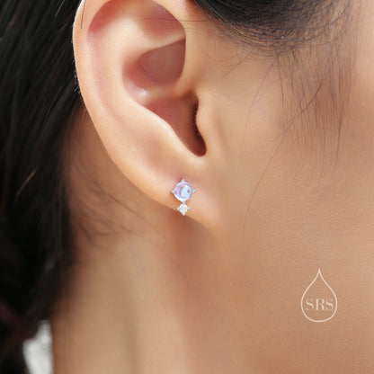 Sterling Silver Tiny Moonstone and CZ Stud Earrings, Tiny Moonstone Earrings, Lab Created Moonstone Earrings