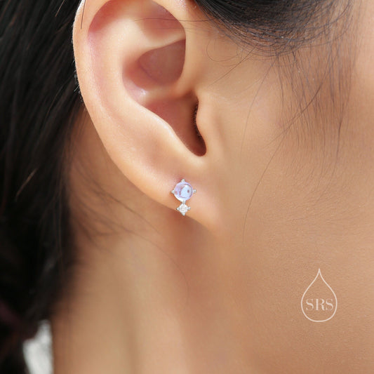 Sterling Silver Tiny Moonstone and CZ Stud Earrings, Tiny Moonstone Earrings, Lab Created Moonstone Earrings