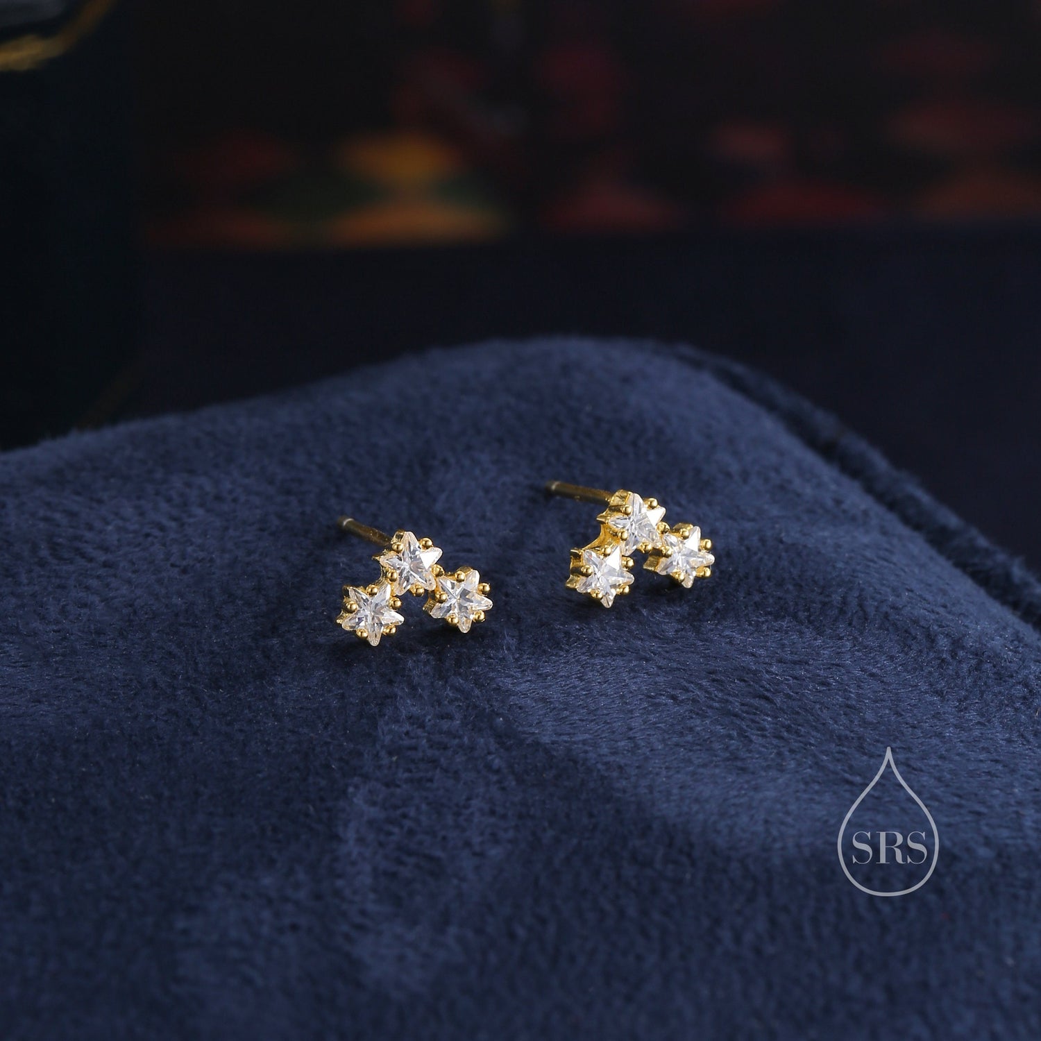 Tiny Star Shape CZ Trio Stud Earrings in Sterling Silver, Silver, Gold or Rose Gold, Three Star Earrings, Sunburst Earrings, Celestial