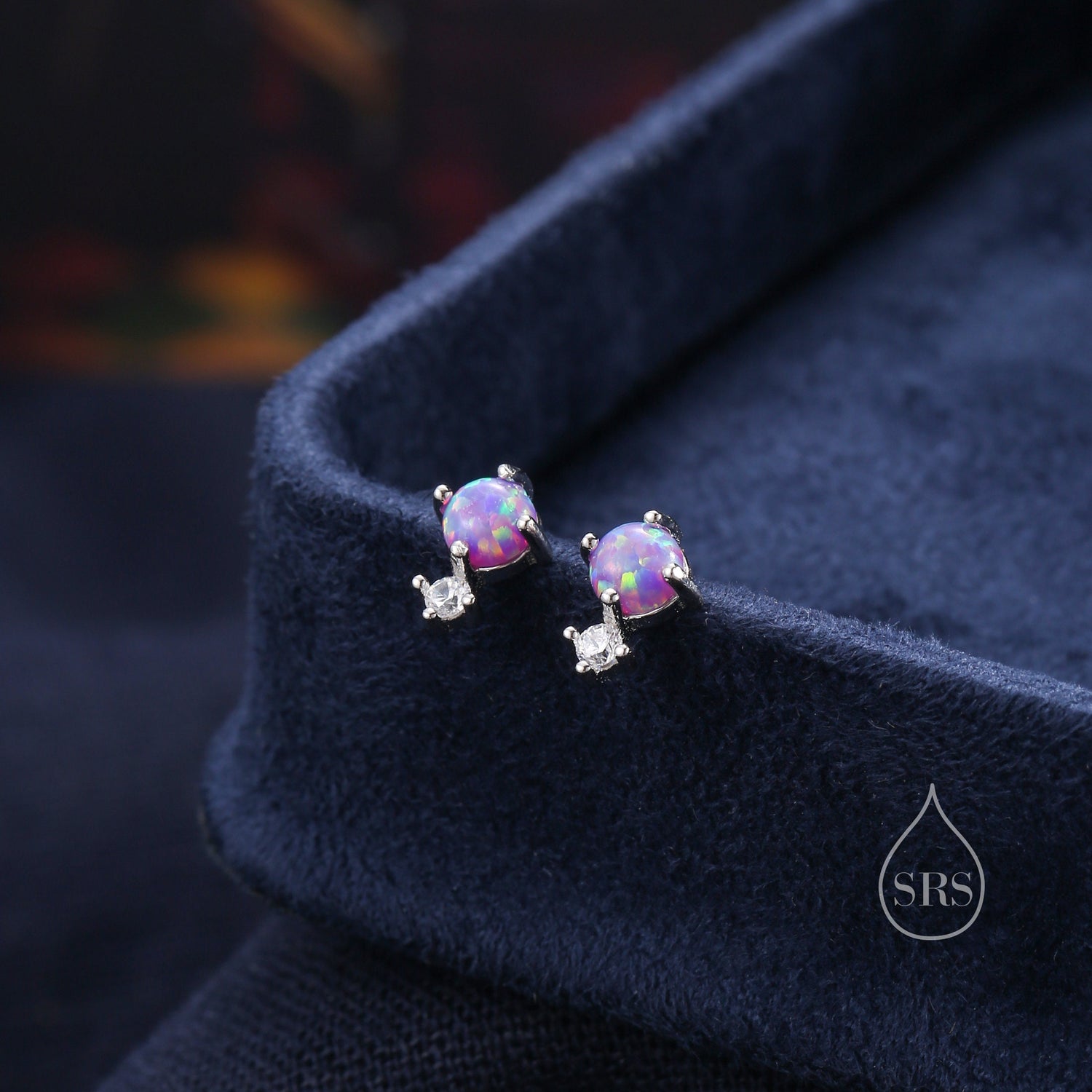 Sterling Silver Tiny Purple Opal and CZ Stud Earrings, Tiny Opal Earrings, Fire Opal, Lab Opal Stud