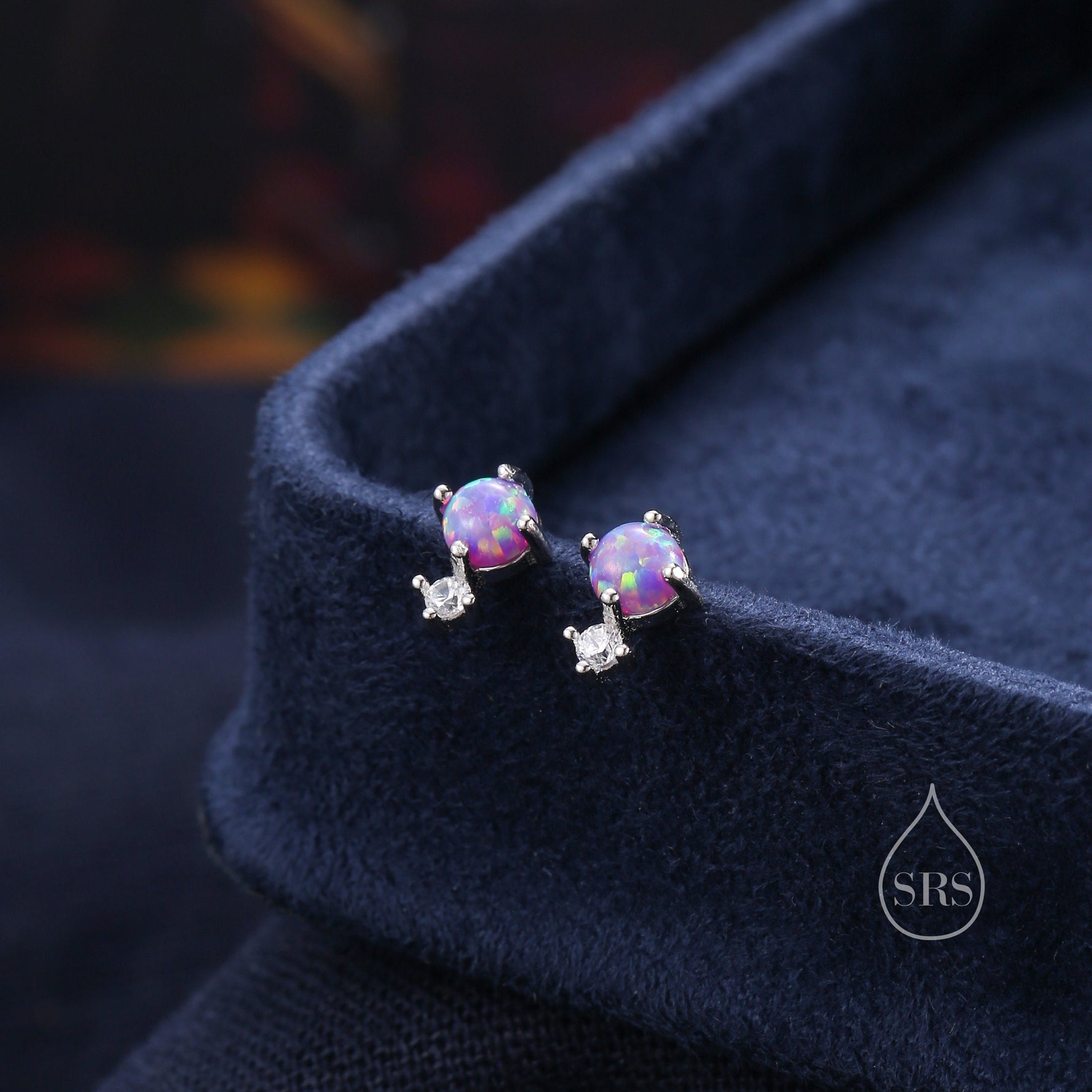 Sterling Silver Tiny Purple Opal and CZ Stud Earrings, Tiny Opal Earrings, Fire Opal, Lab Opal Stud