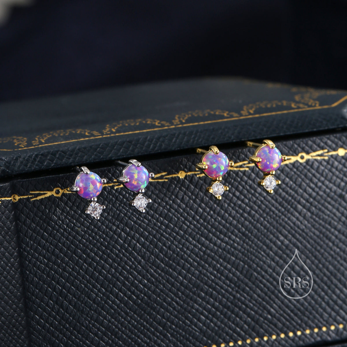 Sterling Silver Tiny Purple Opal and CZ Stud Earrings, Tiny Opal Earrings, Fire Opal, Lab Opal Stud
