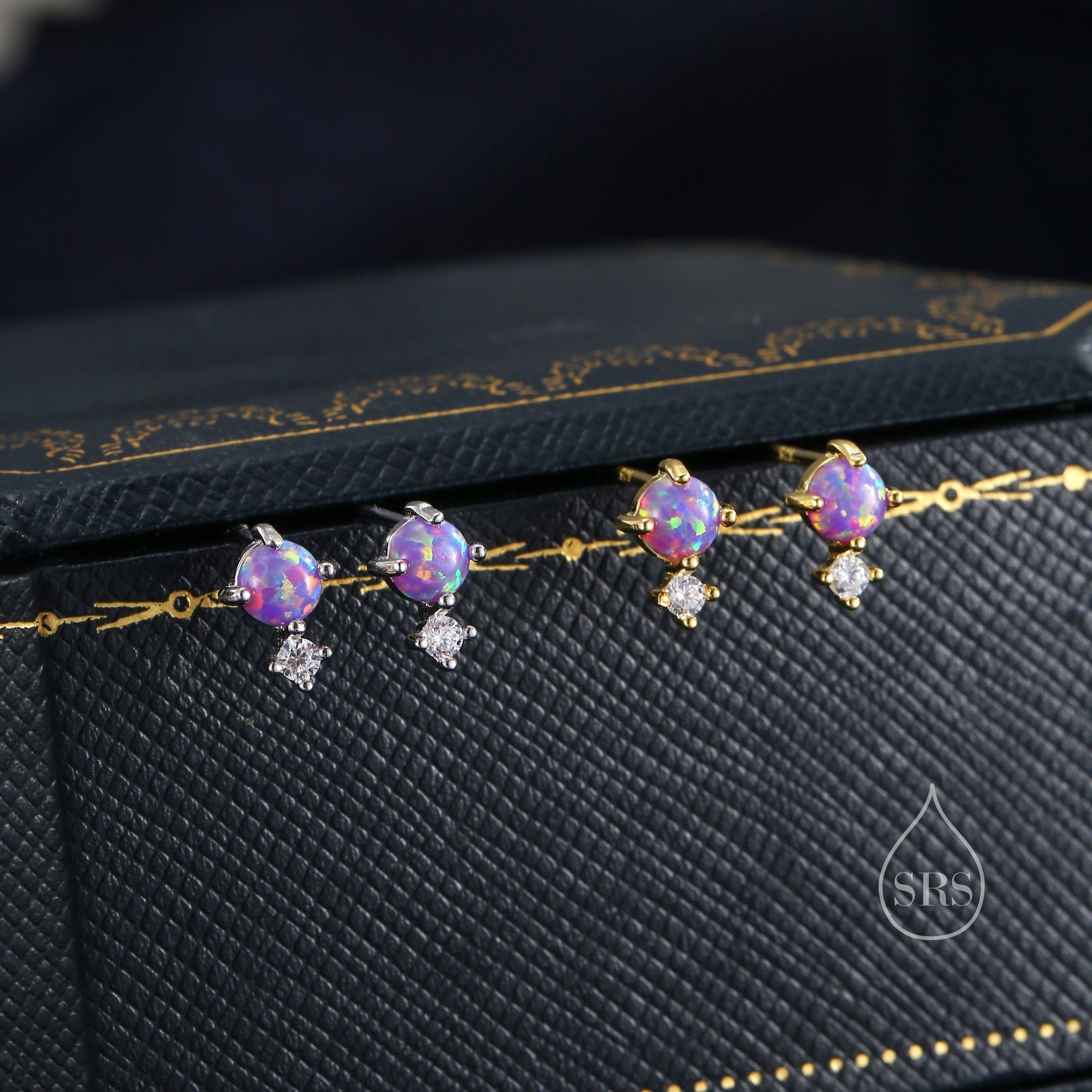 Sterling Silver Tiny Purple Opal and CZ Stud Earrings, Tiny Opal Earrings, Fire Opal, Lab Opal Stud