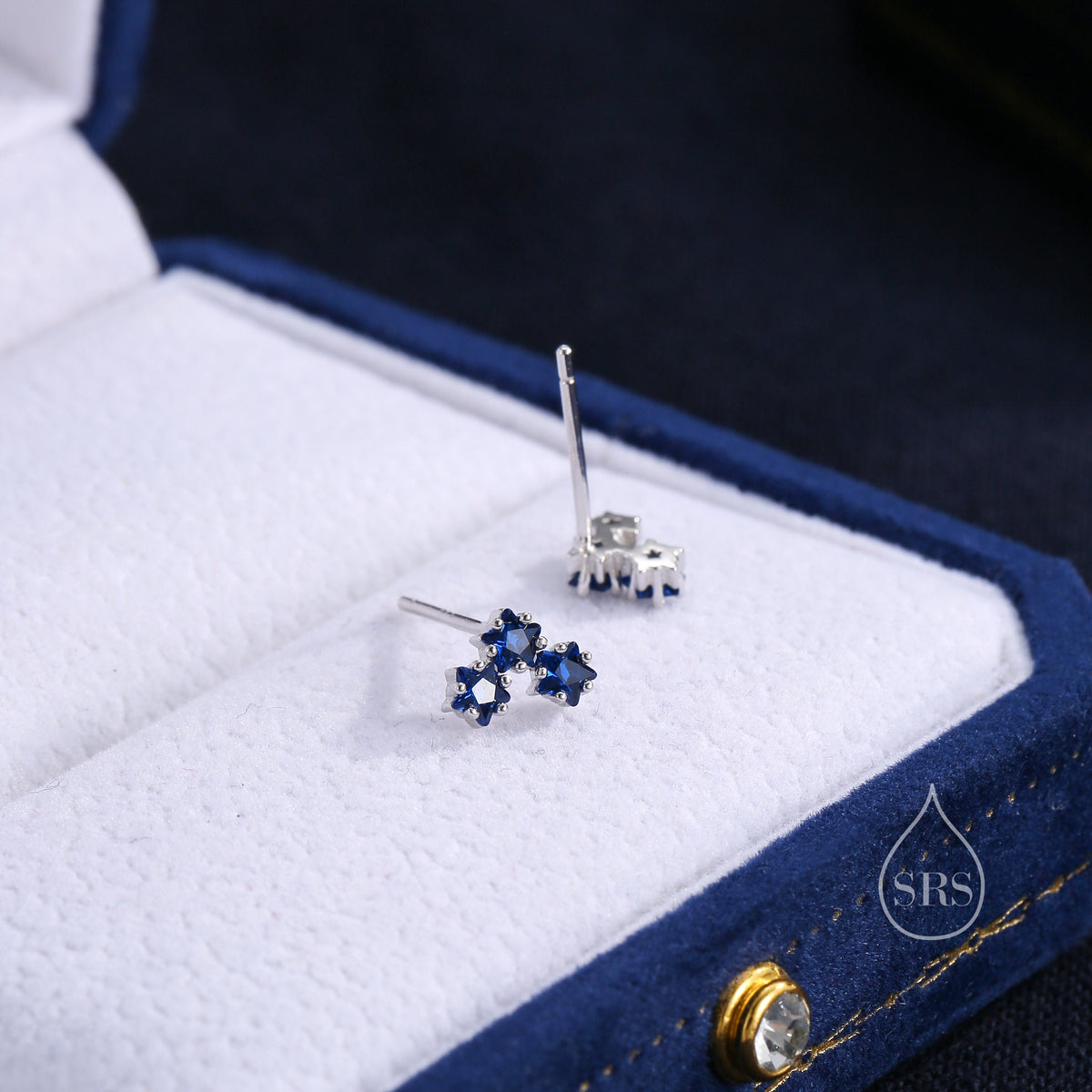 Tiny Star Shape Sappire Blue CZ Trio Stud Earrings in Sterling Silver, Silver, Gold or Rose Gold, Three Star Earrings, Celestial
