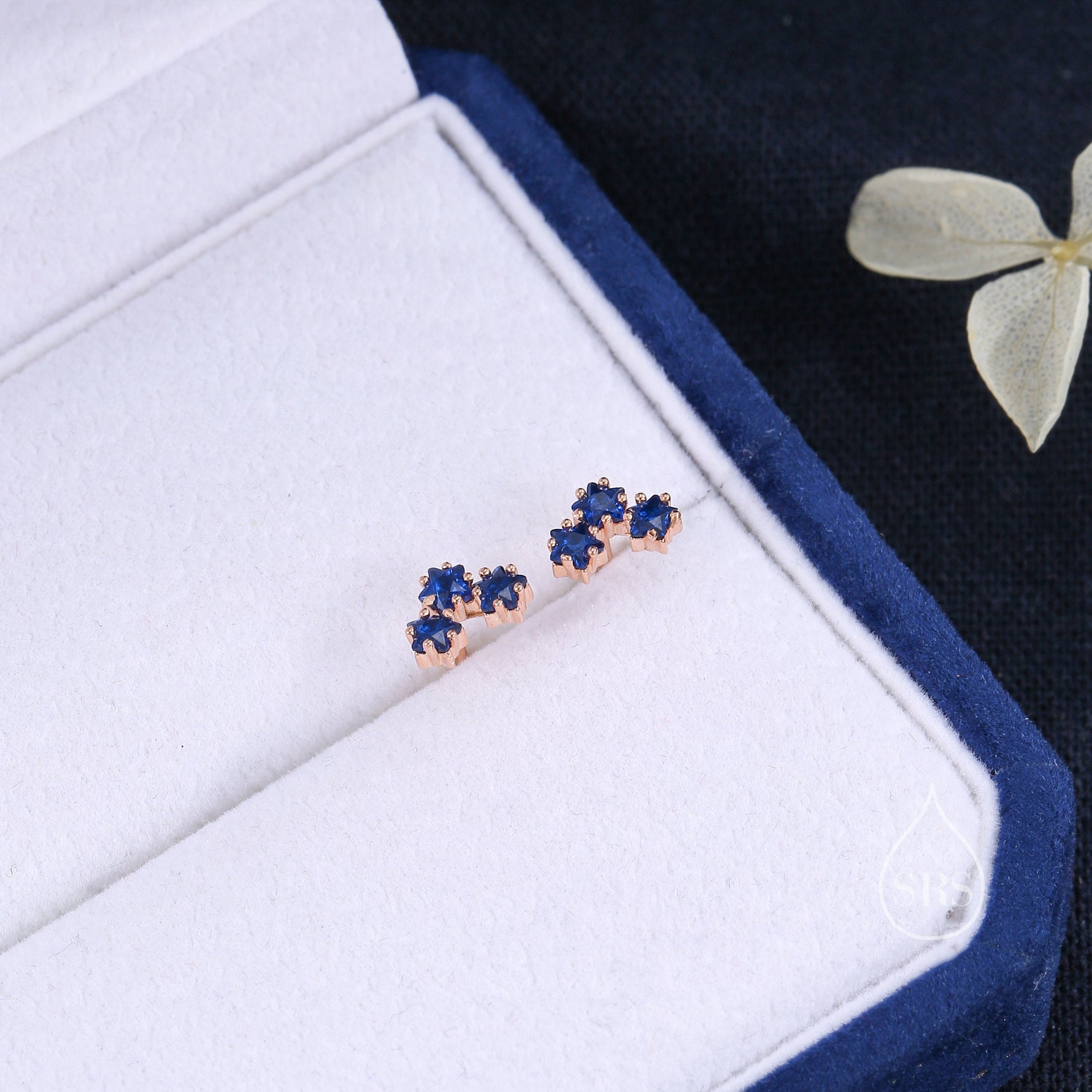 Tiny Star Shape Sappire Blue CZ Trio Stud Earrings in Sterling Silver, Silver, Gold or Rose Gold, Three Star Earrings, Celestial