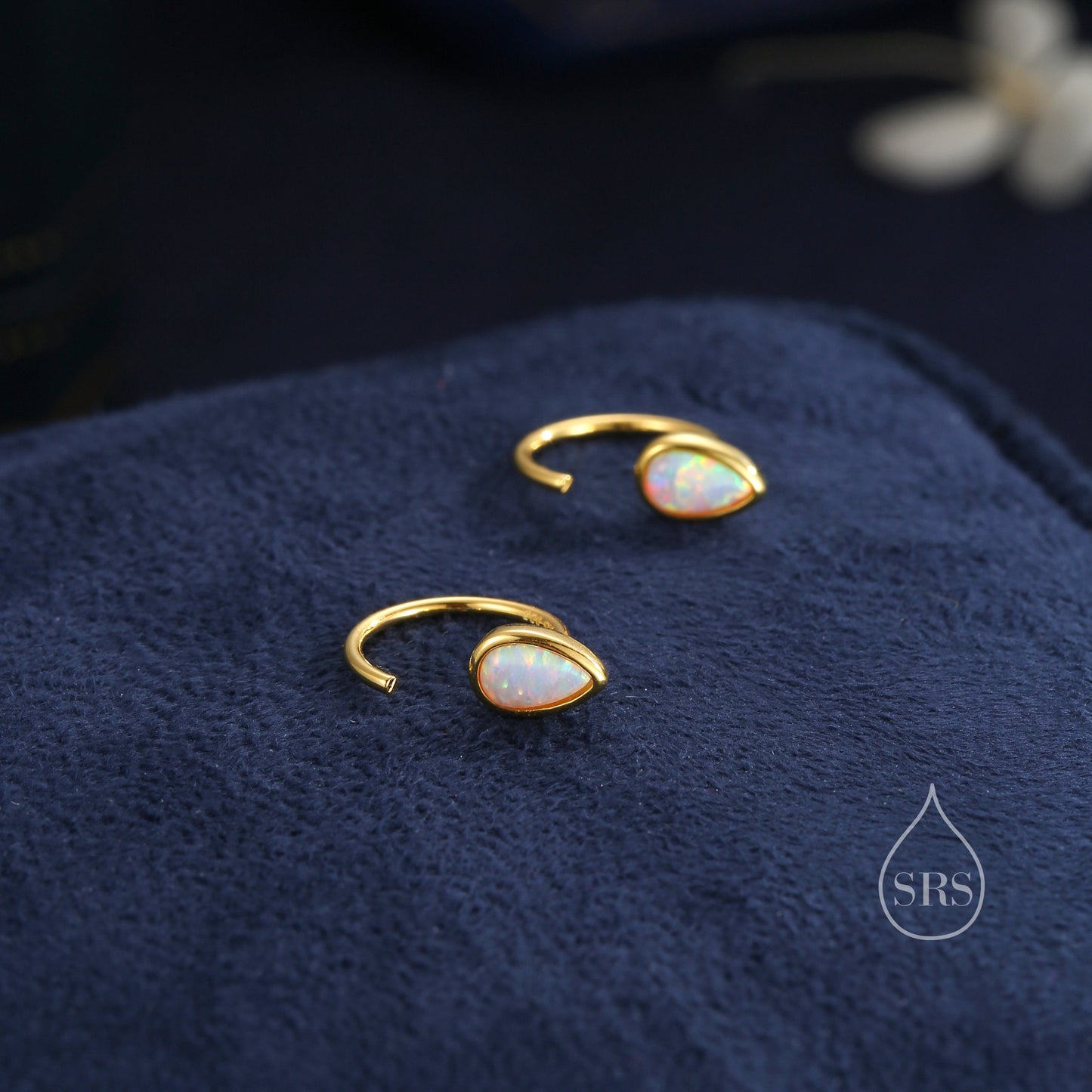 White Opal Droplet Opal Huggie Hoop Earrings in Sterling Silver, Opal Open Hoops, Opal Pull Through Threaders, Half Hoops, C Shape Hoops