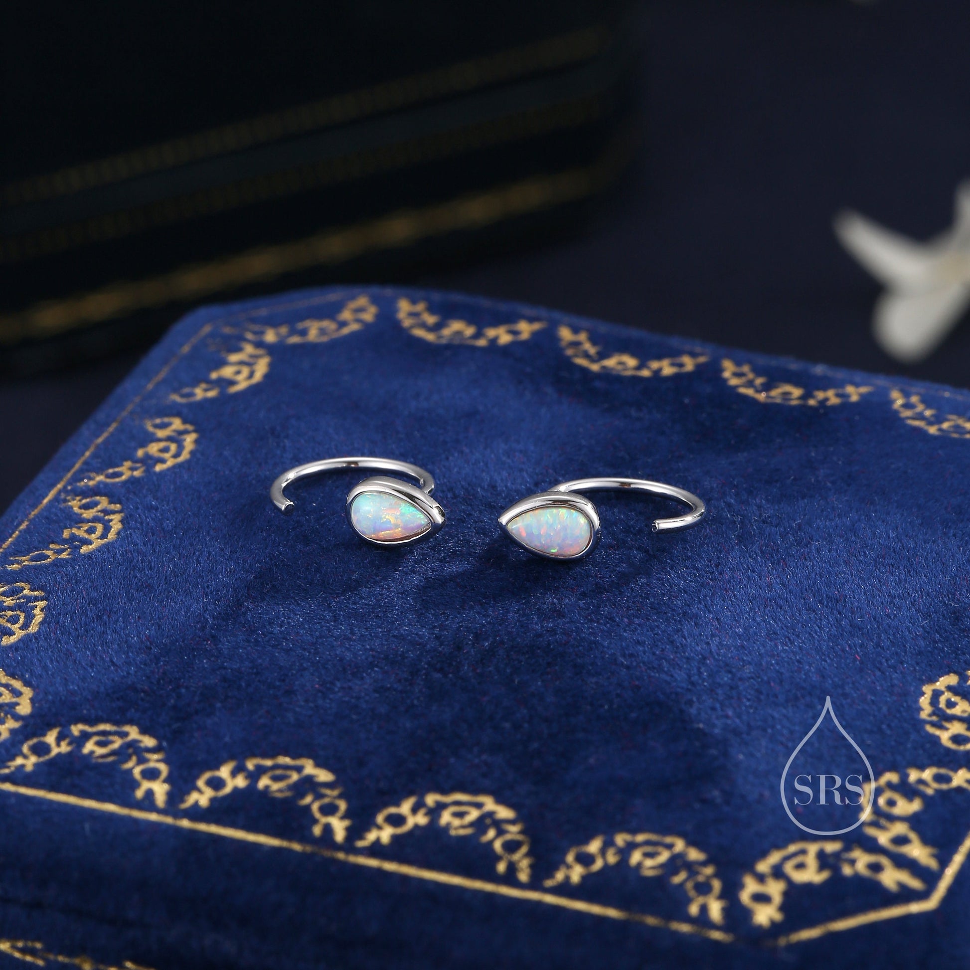 White Opal Droplet Opal Huggie Hoop Earrings in Sterling Silver, Opal Open Hoops, Opal Pull Through Threaders, Half Hoops, C Shape Hoops