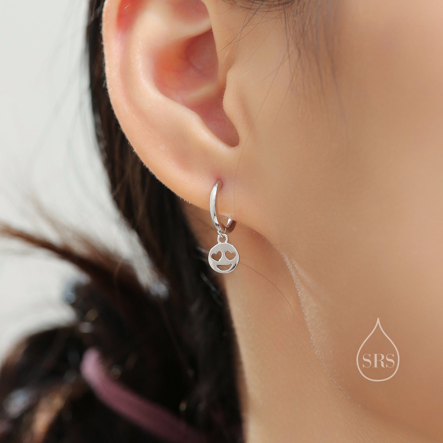 Heart Eyes Face Huggie Hoop Earrings in Sterling Silver, Silver or Gold or Rose Gold, Sterling Silver Smile Earrings