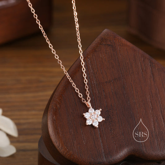 Tiny CZ Flower Necklace in Sterling Silver, Silver or Gold or Rose Gold, CZ Snowflake Necklace, CZ Cluster Floral Necklace